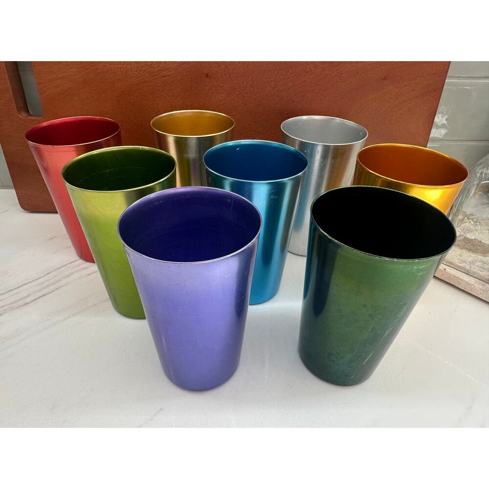 Vintage Set of 8 Anodized Aluminum Tumblers Multicolor MCM Bascal & Unmarked - Picture 6 of 13